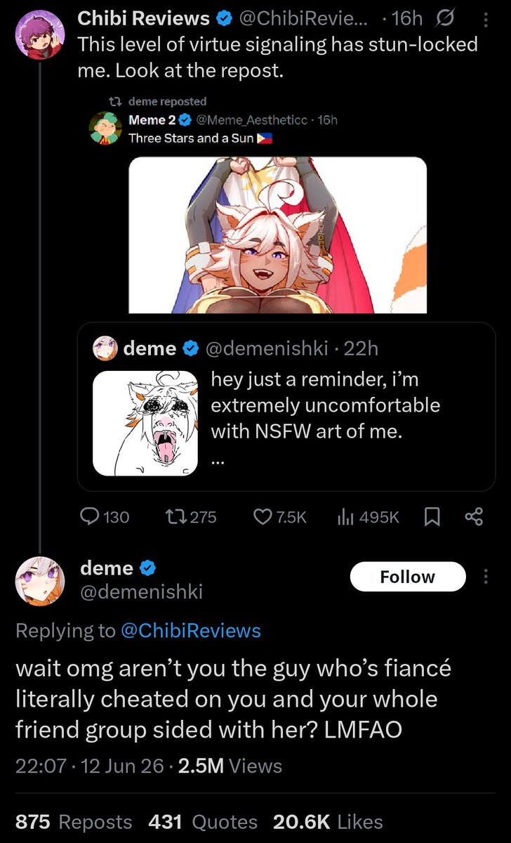 V_Knight300129's tweet photo. This bitch fit between Chibi and Deme only ended in in Chibi's favor because he has a considerable amount of social sympathy capital after all the bullshit he suffered and continues to suffer. Meanwhile, Deme has had some out of touch takes in the past so she was lacking hers. https://t.co/oYrJijuWBP