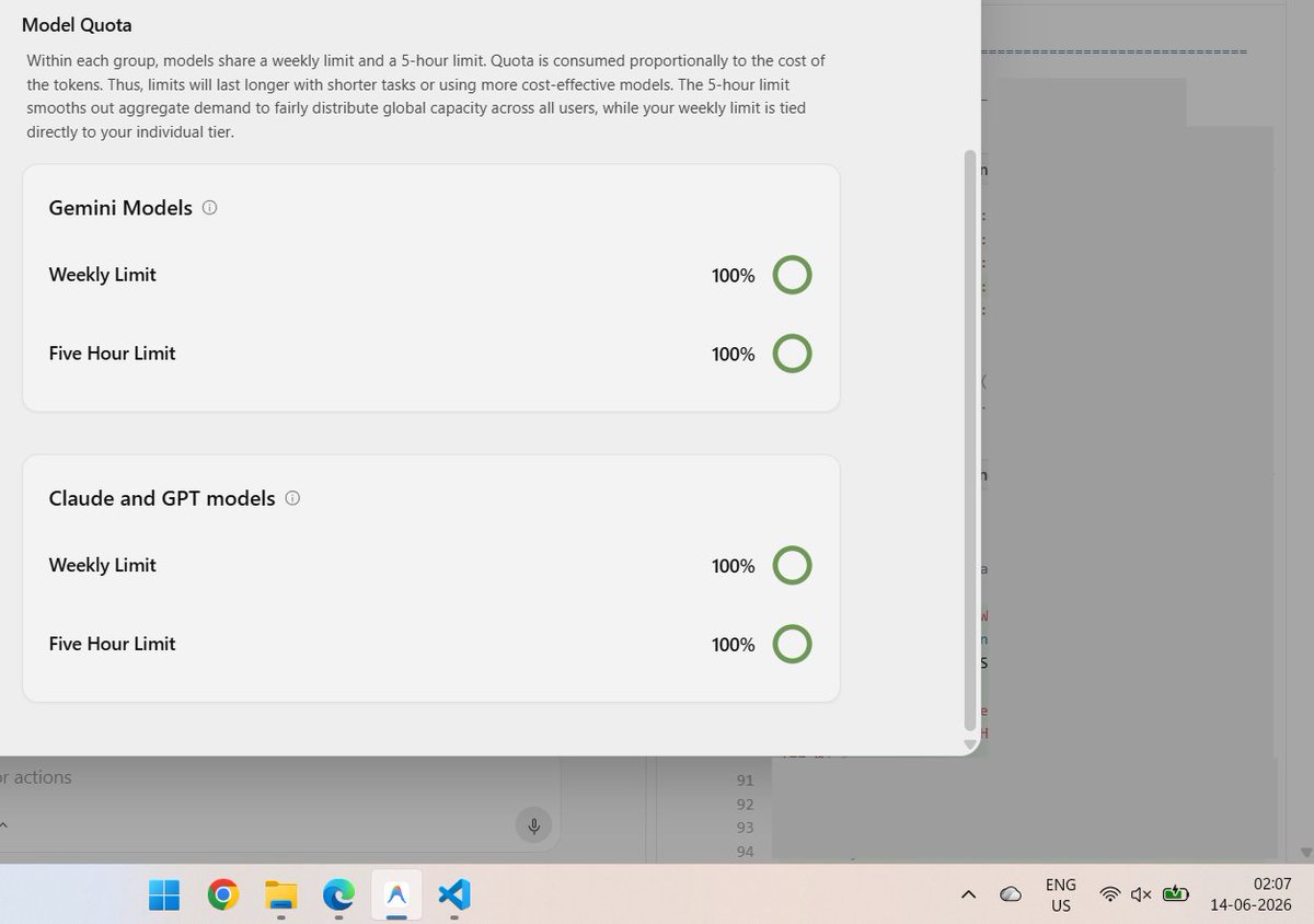subir's tweet photo. I am using @antigravity version 2.1.4 and my model's usage quota in the setting show 100% remaining but the chat window shows "Baseline model quota reached" error. Both are not synced, so which one is correct?

@_mohansolo @_anshulr https://t.co/0DWdtGw1HO