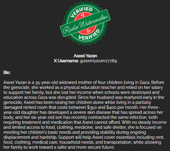 RadioWatermelon's tweet photo. 🚨The last donation was 2 months ago🚨

Aseel Yazan's Family
#VerifiedByRadioWatermelon
🖇️: https://t.co/N4kTQtMqtL
Please donate and share
You Can’t Stop the Bombs 
But You Can Stop the Hunger https://t.co/dEPSpsnlKg