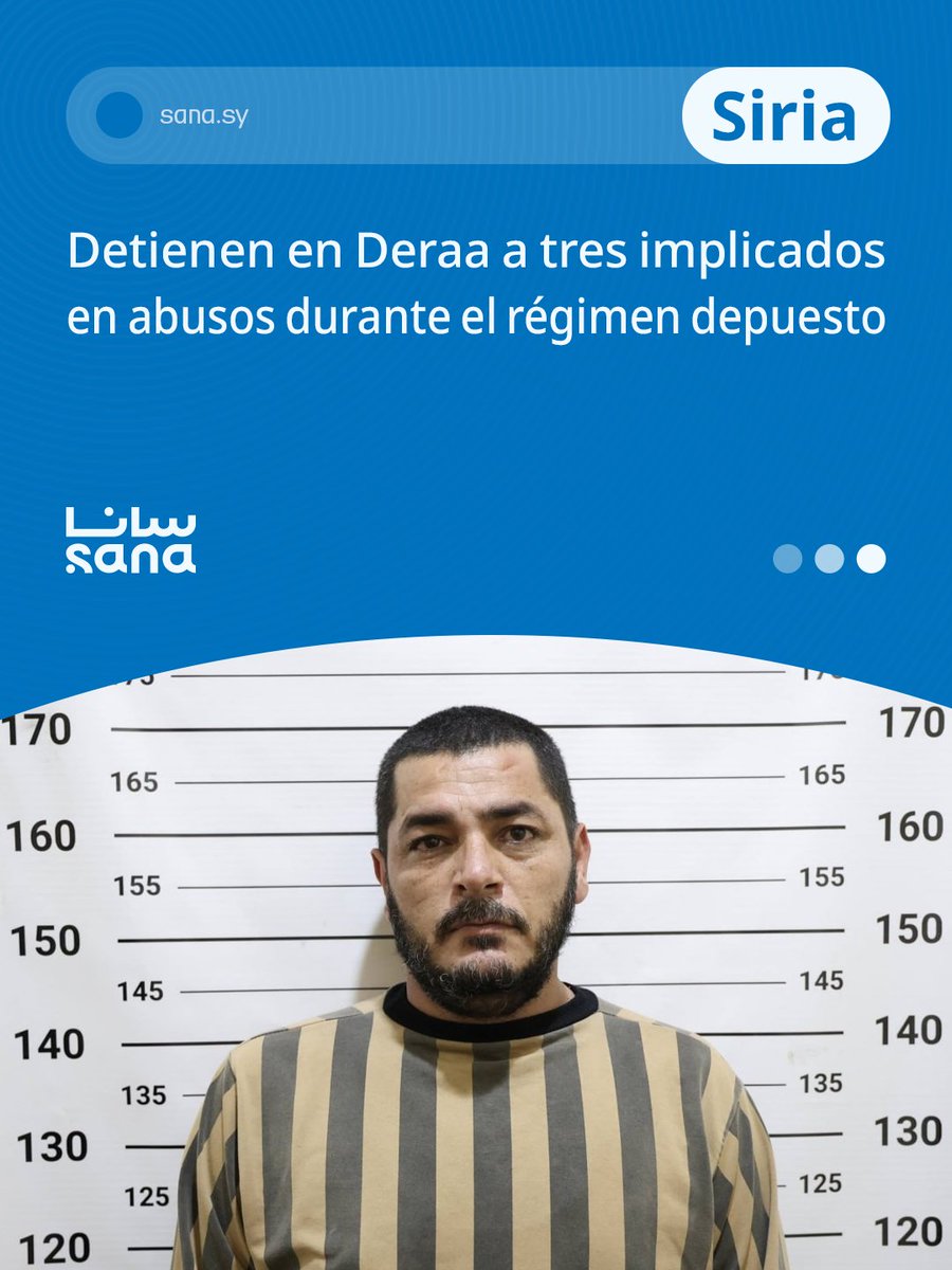 Agencia_Sana's tweet photo. Detienen en Deraa a tres implicados en abusos durante el régimen depuesto
#Siria #Deraa #JusticiaTransicional
🖇️Detalles 👉https://t.co/WrR8yLz92q https://t.co/k4wyuc6HnX