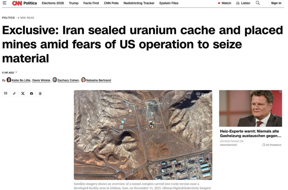 Danale's tweet photo. Iran has barricaded and mined the entrances to tunnels where uranium stockpiles are stored, fearing a possible US operation to seize the material, CNN reports.
According to the channel, in recent weeks Iran has significantly strengthened measures to protect its uranium reserves. Five sources familiar with US intelligence data claim that the country's authorities have deliberately collapsed parts of the tunnels and mined the entrances with explosive devices.
"According to sources, it is now much more difficult, dangerous, and time-consuming to reach approximately half a ton of highly enriched uranium than it was a month ago, when President Donald Trump publicly admitted the possibility of ordering US military forces to seize this material.

New fortifications create additional difficulties for the deal proposed by the Trump administration with Tehran, which involves the removal and destruction of Iranian uranium. There is also the question of who exactly will carry out the dangerous task of its extraction."

As CNN notes citing sources, even for the Iranians themselves, the extraction of the material will become a difficult and dangerous task. This will require heavy machinery for excavation and demining work, associated with serious risks.

The US also believes that the current situation may give Iran the opportunity to conceal part of the information regarding the fulfillment of its future obligations.

"If negotiators demand that Iran deliver the entire uranium stockpile to a single location for inspection, Tehran may declare the impossibility of extracting part of the highly enriched uranium. In such a case, we will not have full confidence that Iran will not be able to gain access to it in the future."