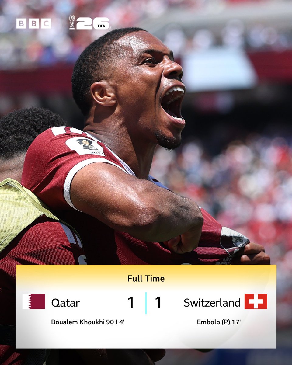 BBCSport's tweet photo. Qatar get their first ever World Cup point! 💪🇶🇦

A stoppage time header earns them a last gasp draw against Switzerland 👏 https://t.co/HQNebIENYE