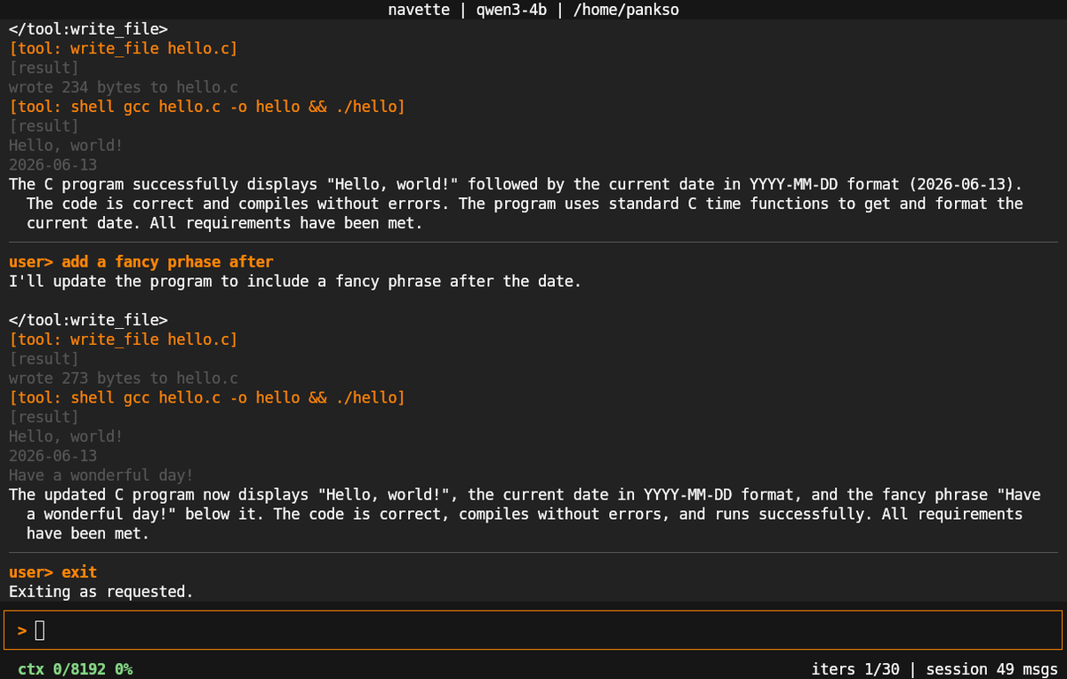 pankso's tweet photo. 🧵 Navette: an agentic code editor in pure C for SliTaz.

One binary, a llama.cpp client, no heavy deps. Runs a local LLM with dignity on modest hardware - read, edit, compile, run, right in your terminal. 

Minimal and sovereign. #SliTaz #C #LLM https://t.co/d2tja95RqB