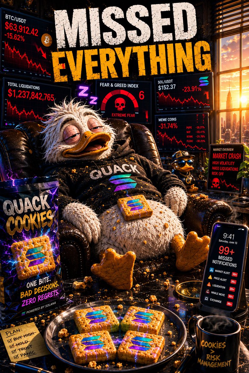 QuackedOnSol's tweet photo. MISSED EVERYTHING.
Market nuked.
Charts collapsed.
Liquidations everywhere.
Quack ate cookies and slept through the entire thing.
Some people panic.
Some people nap. π¦πͺ
#QUACK #StayQuacked #QuackedOnSol #Solana https://t.co/Rzo6xr6D3o