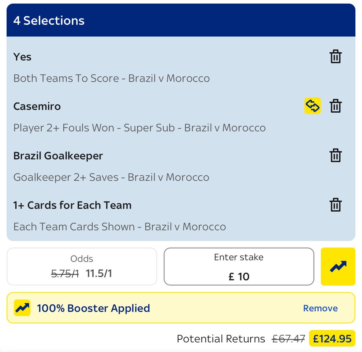 value_footytips's tweet photo. ⚽️ Brazil vs Morocco
🏆#WorldCup
❤️Like if you’re on!

A couple of 1 unit bet builders here making use of the boosts!🙌

Both look cracking odds 💥

#worldcup #brazil #betting #betboost #betbuilder https://t.co/x82nWtQLVF