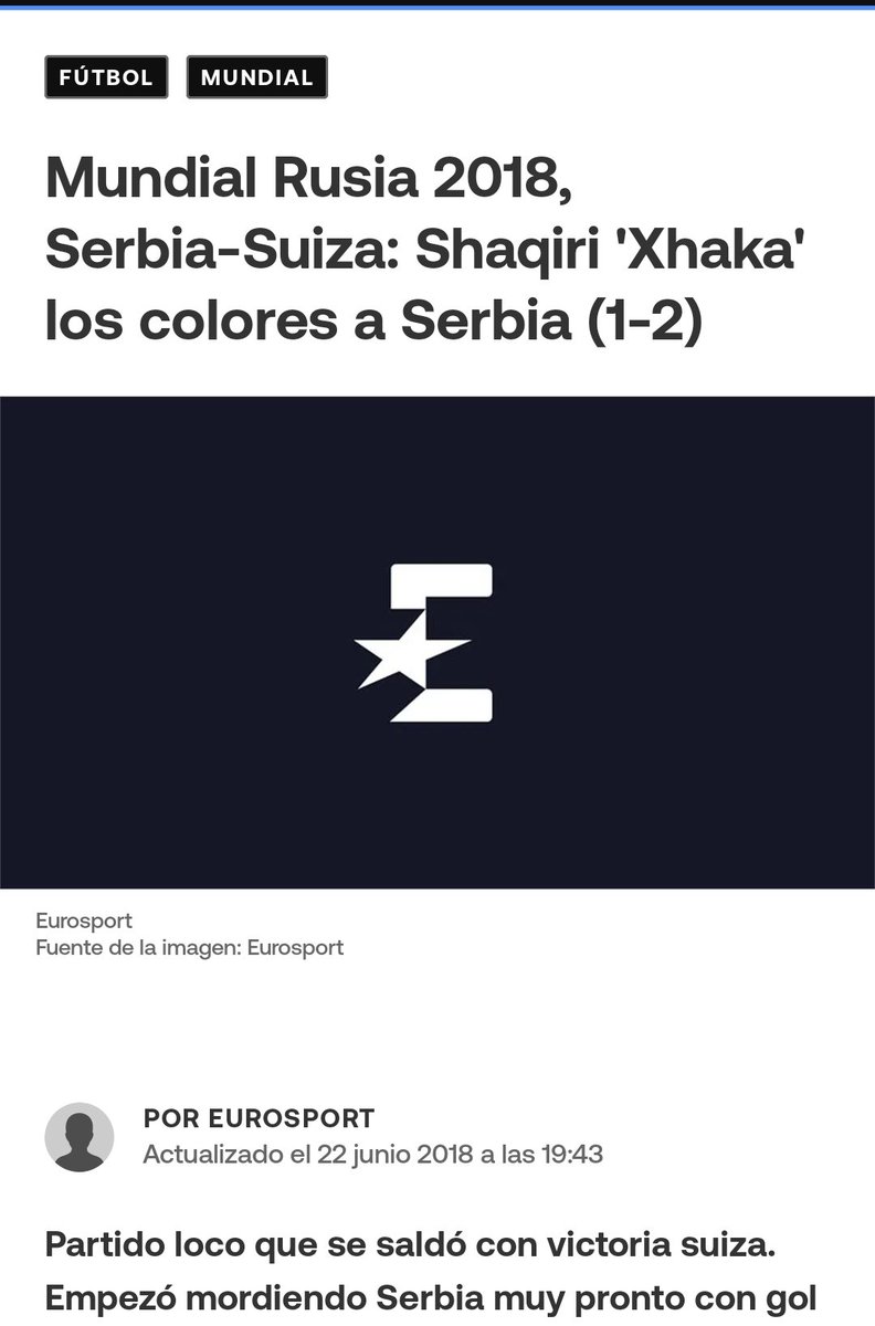 AlonsoGomalar's tweet photo. Tras ver el tweet de Marca, he recordado el titular más sinvergüenza que me he clavado en mi carrera.

Fue en el Mundial de 2018, yo estaba en la web de Eurosport, Suiza ganó con goles de Shaqiri (clasicazo) y Xhaka.

El tiempo pasa, mis tontás se quedan. https://t.co/ZORleiBhV1