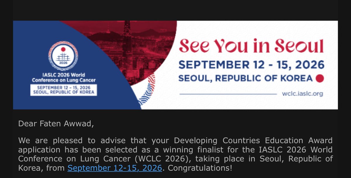 AwwadFa10's tweet photo. I’m honored to share that I have been selected as a recipient of the Developing Countries Education Award for the @IASLC World Conference on Lung Cancer in Seoul! 🫁

I’m deeply grateful for this recognition, and Looking forward to engaging with the thoracic oncology community! https://t.co/cYpskByDC5