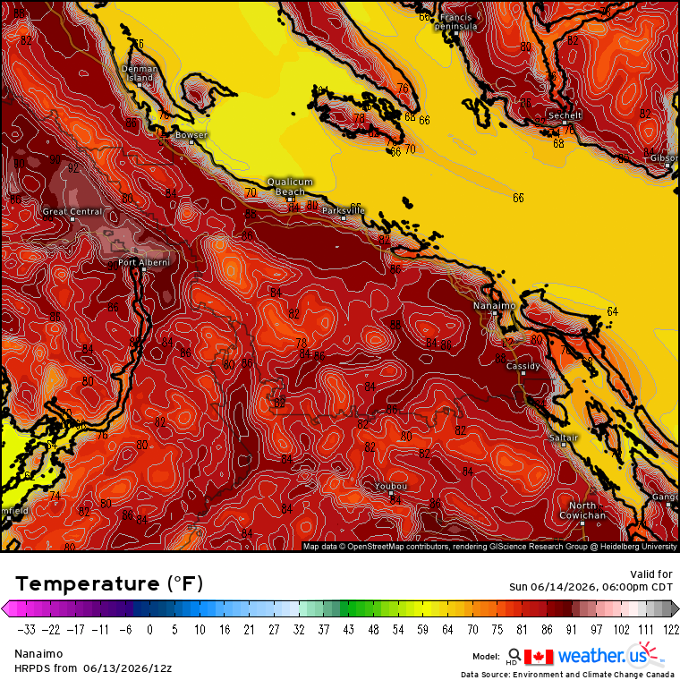 vlad_rad's tweet photo. Daily records will be tampered with tomorrow on #VancouverIsland. Latest HRDPS (high-res) show's up to 35C away from the water. 
#BCHeat #BCWx #BCStormWatch #Nanaimo #YCD #Heatwave https://t.co/c7K4MWjevX