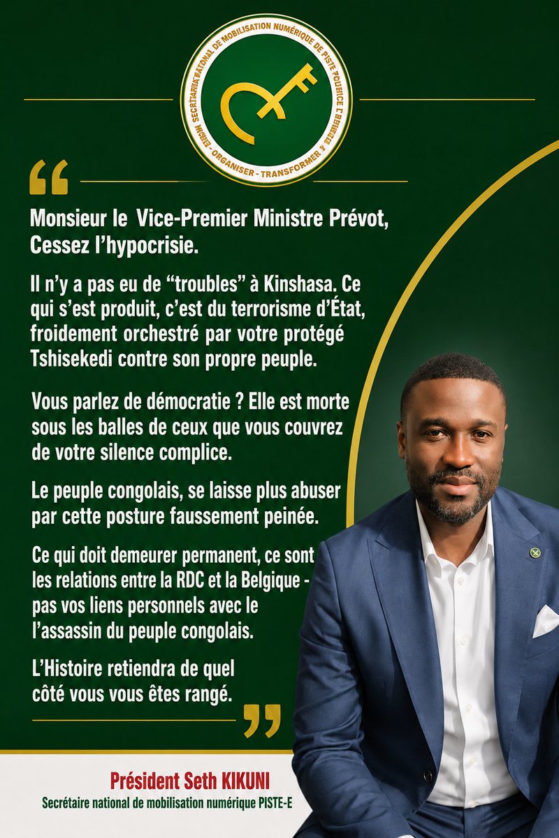 erick_lubango's tweet photo. Monsieur le Vice-Premier Ministre Prévot,
Cessez l'hypocrisie. Il n'y a pas eu de "troubles" à Kinshasa. Ce qui s'est produit, c'est du terrorisme d'État, froidement orchestré par votre protégé Tshisekedi contre son propre peuple. Vous parlez de démocratie ?  Voir plus........... https://t.co/d5ROQsbhur