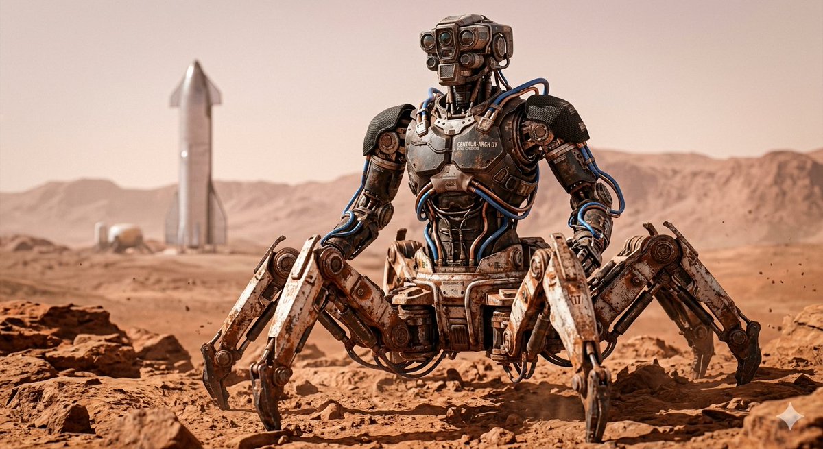 hipsonmk's tweet photo. 🚀 CC-O4 Centauro-Arácnido: El robot híbrido para Marte y la Luna

Base octópoda hiper-estable + torso humanoide modular compatible con Optimus.

Diseñado para terrenos extremos y microgravedad

🧵 Hilo ↓
https://t.co/nbI27CpF3b

#SpaceX #Mars #Robotics #Optimus #Starship https://t.co/vaMtBefpYE