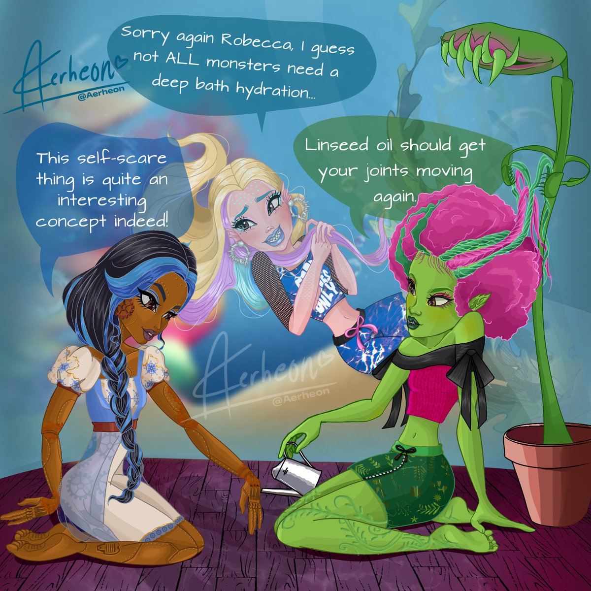 aerheon's tweet photo. Lagoona's roommates for the longest time are only Neptuna and Senior Squeaky. She's still getting used to the new ghouls but it's going well so far... almost!

#MonsterHigh
@mons https://t.co/bT8nrz86Ir