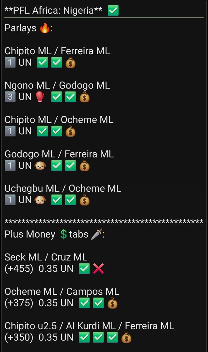 MMAHedgeFunds's tweet photo. 💰 MASSIVE DAY 💰

💥 #PFLNigeria 💥 

Want to cash big again on the 
💥 #UFCWhiteHouse 💥 event? 

↘️↘️↘️👇👇👇👇👇👇👇👇↙️↙️↙️
➡️Patreon for ‼️INSTANT ACCESS‼️⬅️ https://t.co/NvXM9XwAof