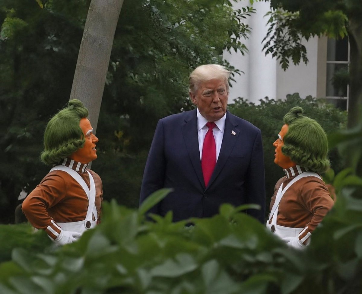 larrymelroy's tweet photo. Trump meets with Oompa-Loompas in hopes of gaining the top secret recipe to his favorite chocolate bar . https://t.co/W69PBRMaW6