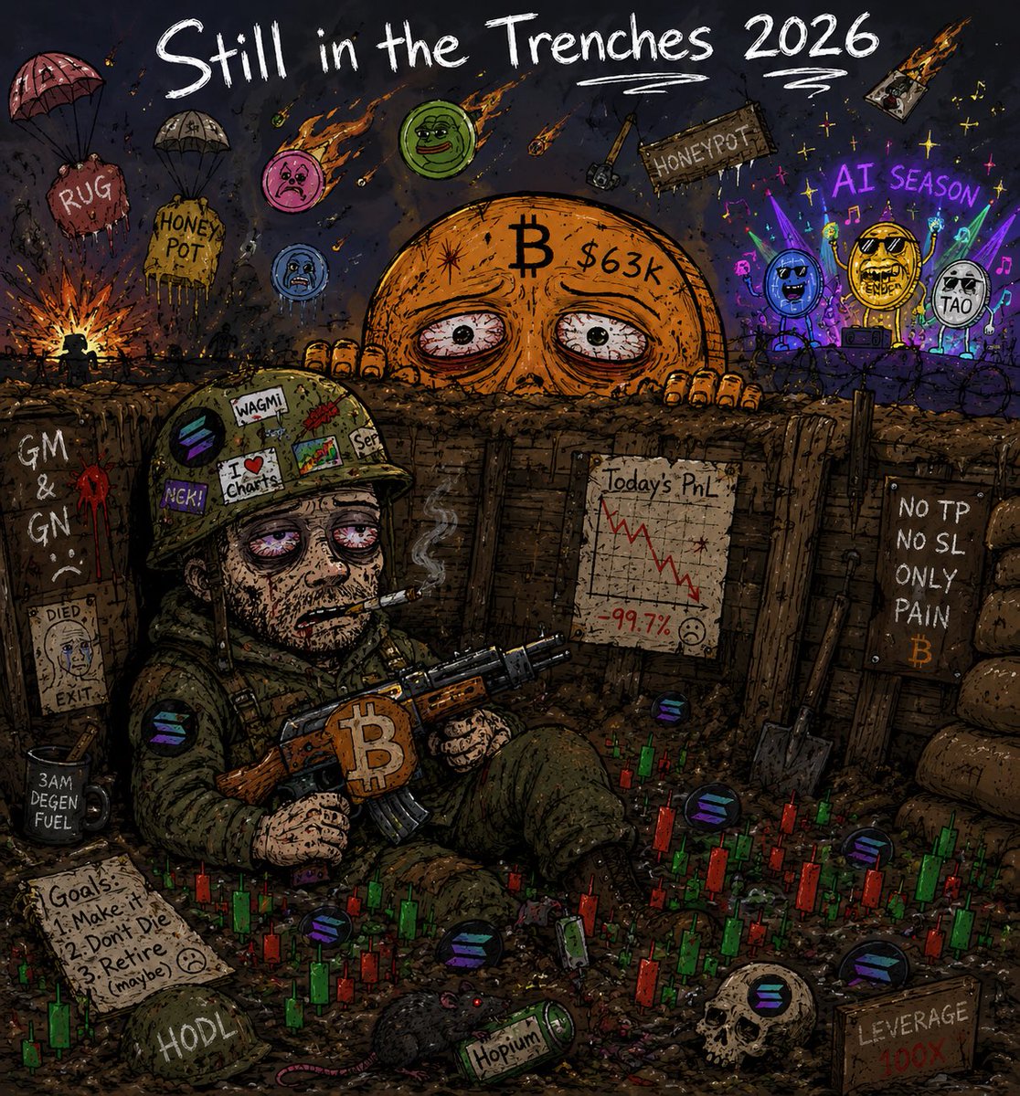randomnormie_'s tweet photo. Still deep in these crypto #trenches in 2026 lmao 🪖💀

#BTC crawling back to 63k with PTSD from last year

Knee deep in Solana shitcoins, rugs, honeypots 🥲

#Crypto #Bitcoin #Solana #CryptoTrenches #DegensNeverDie https://t.co/uUVr6qdBSa