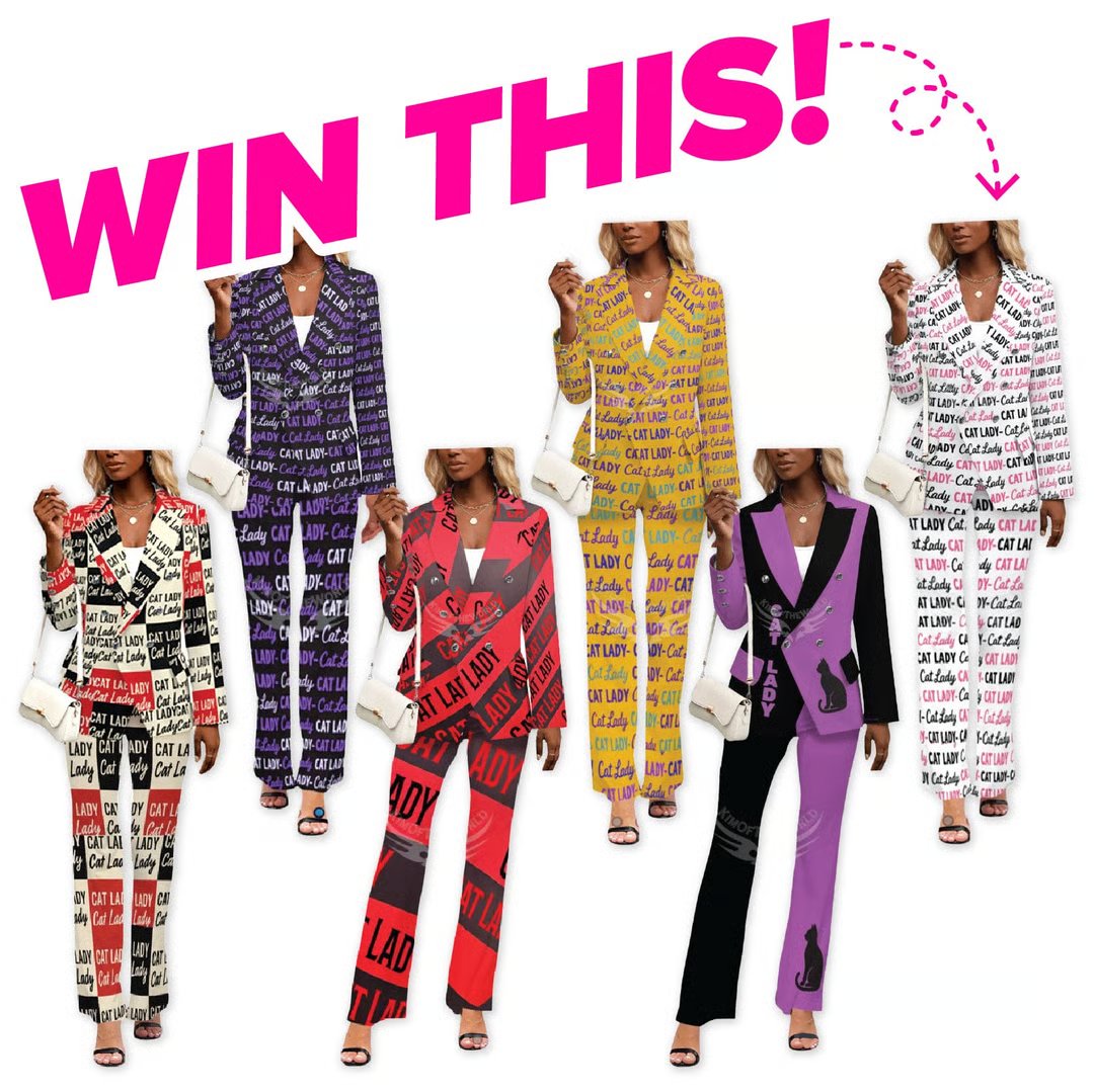 AudreyS23511436's tweet photo. #WIN 1 of 4 Cat Print Suits from Kim of the World Art Shop! Includes ‘Cat Lady’ pants and jacket blazer in your choice of six cat lady prints. Ends 6/14 #EnterHere: https://t.co/N7KaF3Oewe https://t.co/VGRkm8Z1vZ