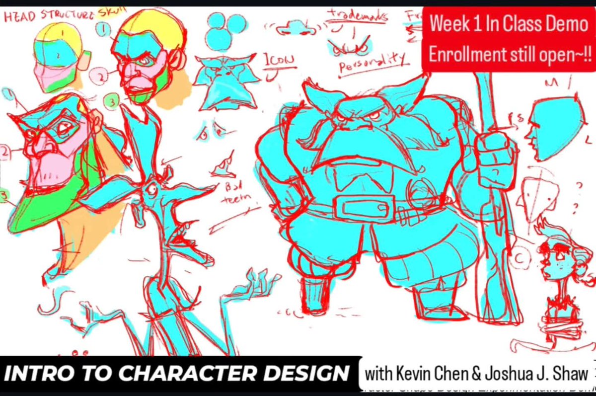 CDA_Staff's tweet photo. Here are some of the week 1 in class demos by Kevin Chen for his "Intro to Character Design" online course co-taught with Joshua James Shaw @JtheJames~!!

For the first few weeks, the class is doing a warm up assignment to learn how to explore shapes for visual storytelling and learn how to create an interesting character cast with build in tension and appeal.

This is a great introductory class for both budding character designer students and intermediate artists alike who want to sharpen up their skills in creating memorable characters and unique art directions.

Space is limited, sign up soon and come join us next Friday!

(All classes are recorded weekly for easy make up viewing/review)

https://t.co/BilwotqhBG
.
.
.
.
.
#conceptdesignacad #kevinchen
#characterdesign
#visualdevelopement #joshuajamesshaw KC
