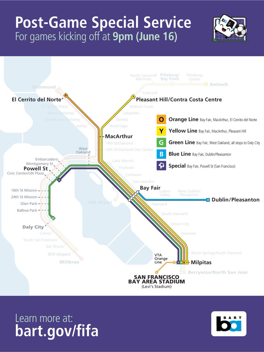 SFBART's tweet photo. For the 9pm FIFA World Cup match on Tuesday, June 16, BART is offering fans special late-night service after midnight to get riders home.

These special event trains will not stop at all BART stations. People taking BART to the stadium and driving to park at BART must leave their cars at these key Easy Bay stations for the return trip: Bay Fair, Dublin, MacArthur, El Cerrito del Norte and Pleasant Hill. Note, Powell St Station in downtown San Francisco will be served but does not have parking.