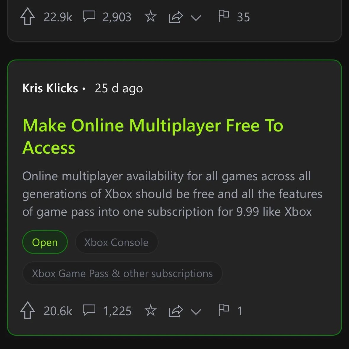 Pirat_Nation's tweet photo. More than 20,000 Xbox fans are asking Microsoft to remove paid online multiplayer, saying players should not have to pay extra just to play online after already buying a console and games.

A request on Microsoft’s Feedback Portal has received over 20,000 votes, making it one of the most popular requests from Xbox users. 

Fans want online multiplayer to be free instead of requiring a Game Pass Core or Game Pass Ultimate subscription.
