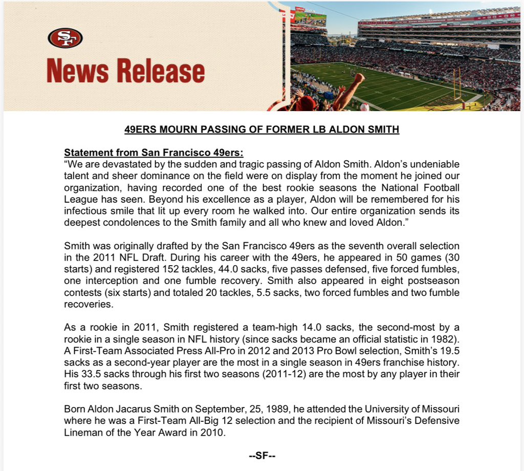 MaioccoNBCS's tweet photo. Tragic news. Aldon Smith died today, the 49ers announce. https://t.co/bMZ3bU3vi7