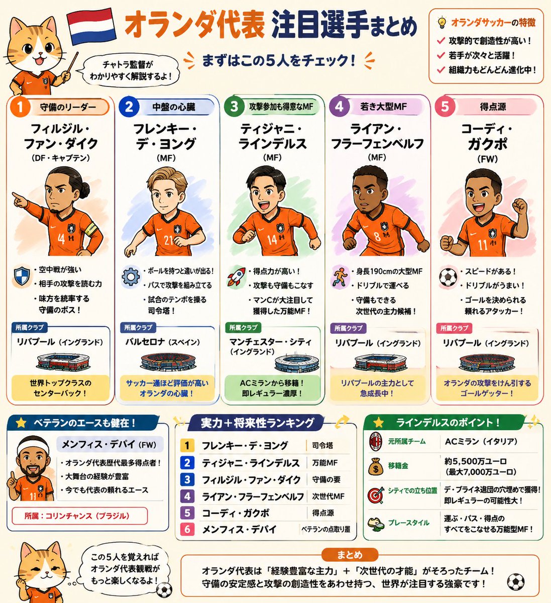 sengokuixaotome's tweet photo. いよいよ明日2026/06/15早朝5時にW杯日本代表初戦が💁対戦相手オランダの注目選手をまとめてみました🐈️サッカー詳しく無い方も是非参考にしてみてくださいね🕺

バルセロナのフレンキー・デ・ヨング選手21番、ファン・ダイク選手4番含めリバプールの3選手⚽️ラインデルス選手14番も警戒🕵️ https://t.co/JhdxTNojJ9