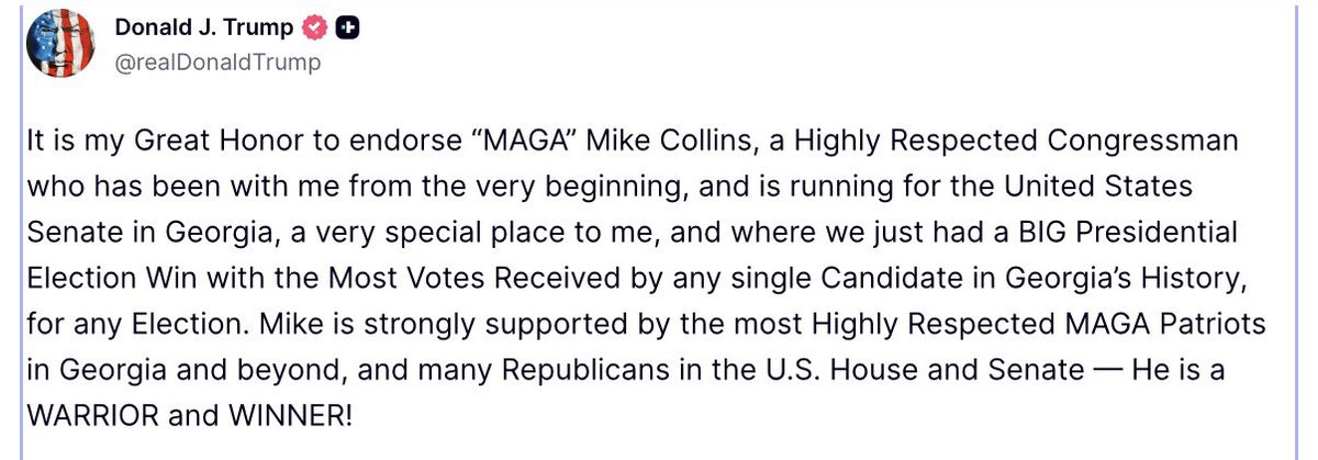 PollTracker2024's tweet photo. President Trump endorses Rep. Mike Collins (R-GA) for US Senate in Georgia over Brian Kemp’s pick Derek Dooley. https://t.co/45q1IA8aPs