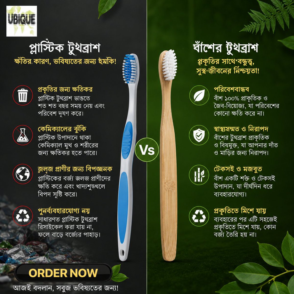Ubique524813's tweet photo. প্লাস্টিক টুথব্রাশের ক্ষতিকর প্রভাব থেকে মুক্তি পেতে বেছে নিন 𝙐𝙗𝙞𝙦𝙪𝙚 𝘽𝙖𝙢𝙗𝙤𝙤 𝙏𝙤𝙤𝙩𝙝𝙗𝙧𝙪𝙨𝙝।
#EcoFriendly #BambooToothbrush ব্যবহার করে নিজেও থাকুন সচেতন, অন্যদেরও করুন অনুপ্রাণিত। #GoGreen #PlasticFree #SustainableLiving #Ubique #SaveNature https://t.co/qy4OAFn8rV