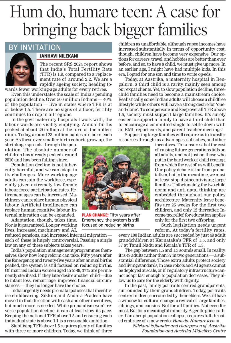 Anuraag_Shukla's tweet photo. India should make three-child families socially and economically possible, especially if the country wants to keep fertility above dangerously low levels. https://t.co/1VfsPfe1nE