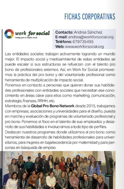 Corresponsables's tweet photo. Consulta la Ficha Corporativa de @workforsocial  en el #21AnuarioCorresponsables 👉 https://t.co/mgkYkzFZu1

🌍 En esta ficha corporativa, Work for Social se presenta como una organización que promueve la práctica del pro bono y el voluntariado profesional como herramienta para la multiplicación del impacto social y medioambiental de las entidades sociales.

💙 La ficha destaca que Work for Social pone en contacto a profesionales con entidades sociales que necesitan su expertise en áreas clave como marketing, comunicación, estrategia, finanzas, y recursos humanos.

🏥 Además, resalta su participación en la Global Pro Bono Network desde 2015, colaborando con empresas, asociaciones y universidades para promover el voluntariado pro bono y apoyar a organizaciones que no cuentan con recursos para cubrir estas necesidades.

📊 Entre los datos más destacados, la ficha menciona que Work for Social ha diseñado programas de pro bono orientados a personas en baja o excedencia por maternidad, así como a personas en búsqueda de empleo, promoviendo la inclusión social.

✨ Este trabajo refleja cómo Work for Social se consolida como un facilitador clave para la colaboración entre entidades sociales y profesionales que desean aportar su talento al bien común.

#Corresponsables #21AnuarioCorresponsables #Sostenibilidad #ESG #WorkForSocial #ProBono #VoluntariadoCorporativo #ImpactoSocial #ResponsabilidadSocial #InclusionSocial