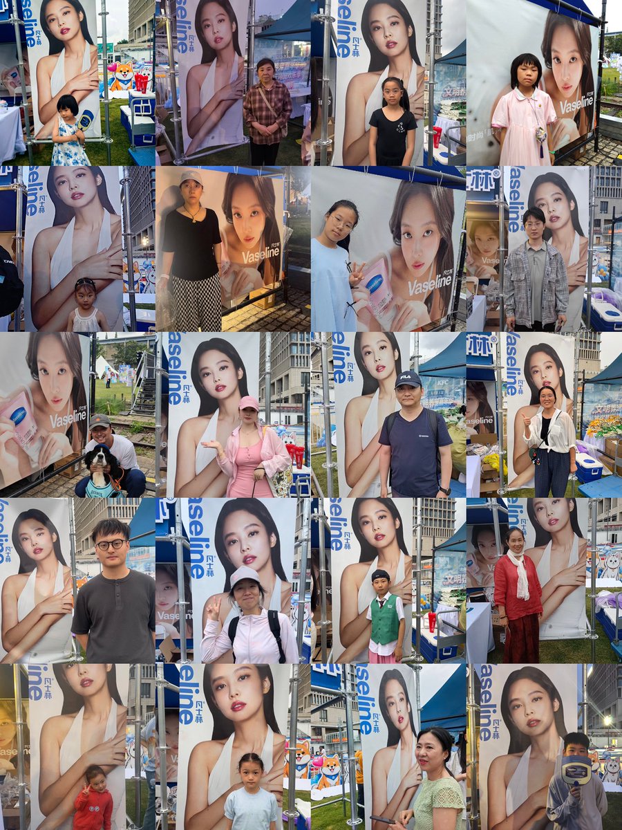 maibogs's tweet photo. Jennie's Vaseline booth is bustling at the Pet Carnival in Shanghai today. Amazingly, most of the people posing with Jennie's billboard don't seem to be typical K-pop fans or teenagers, but rather locals, mostly children, older people, and working adults. she has such an incredible appeal to the Chinese people 🇨🇳