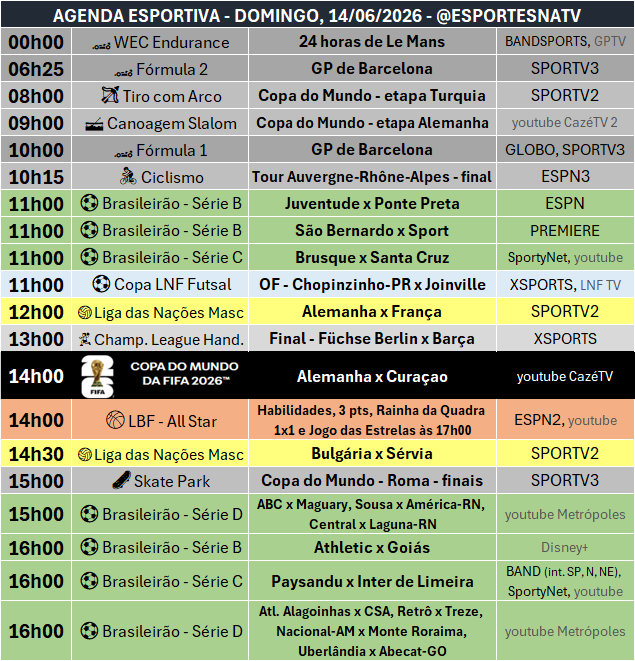 EsportesNaTV's tweet photo. A agenda esportiva deste DOMINGO (14/06/2026) https://t.co/XzYTuwRDlw