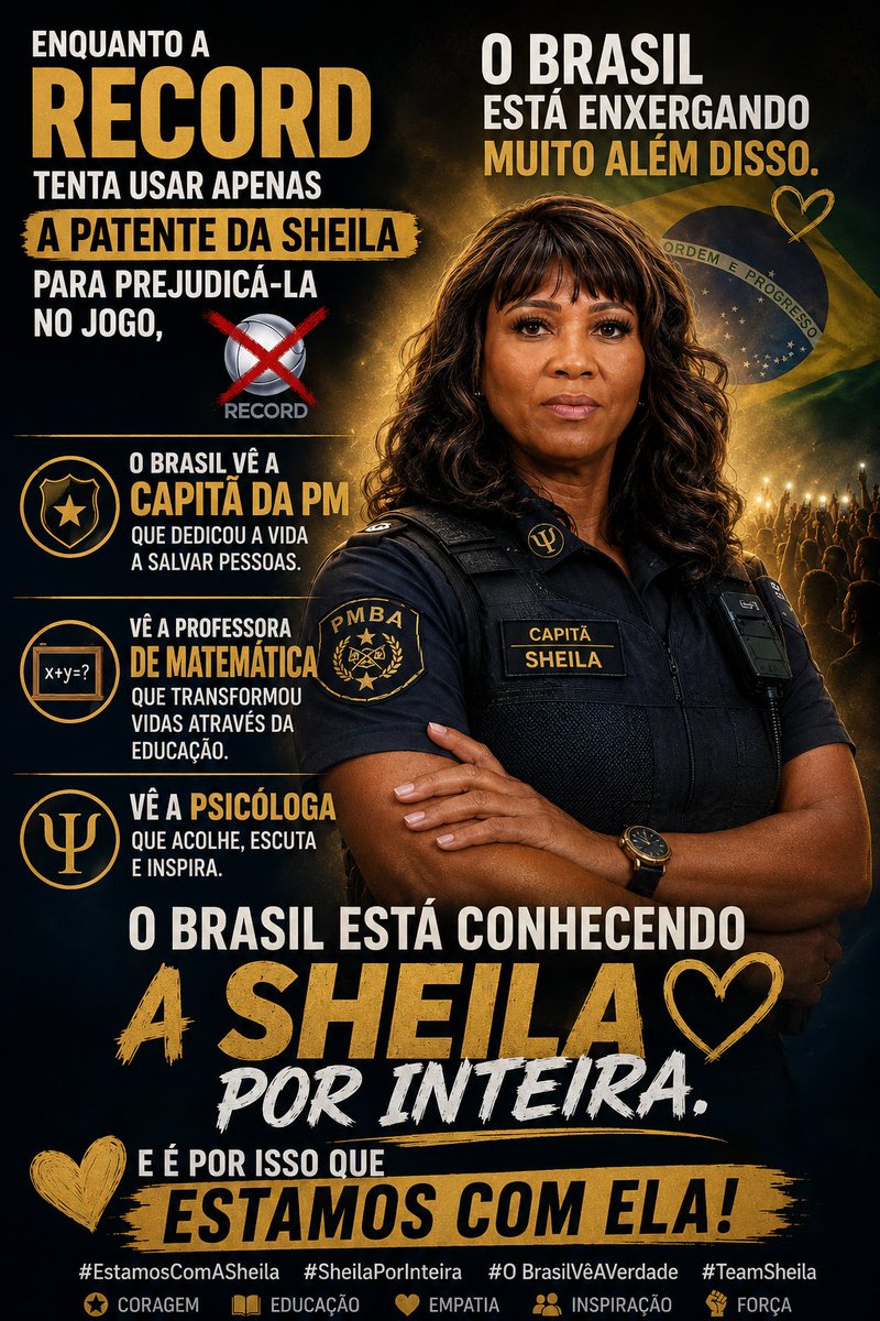 JoseaneJus's tweet photo. Ela é Sheila, A capitã da PM que dedicou sua vida por anos pra salvar vidas. Ela é Professora de Matemática que transformou vidas através da educação e é Psicóloga que usa de estratégia e por isso é amada por grande parte do público da Record que sempre coloca em primeiro lugar no X devido a torcida dela. Respondida sua pergunta? #CasaDoPatrão