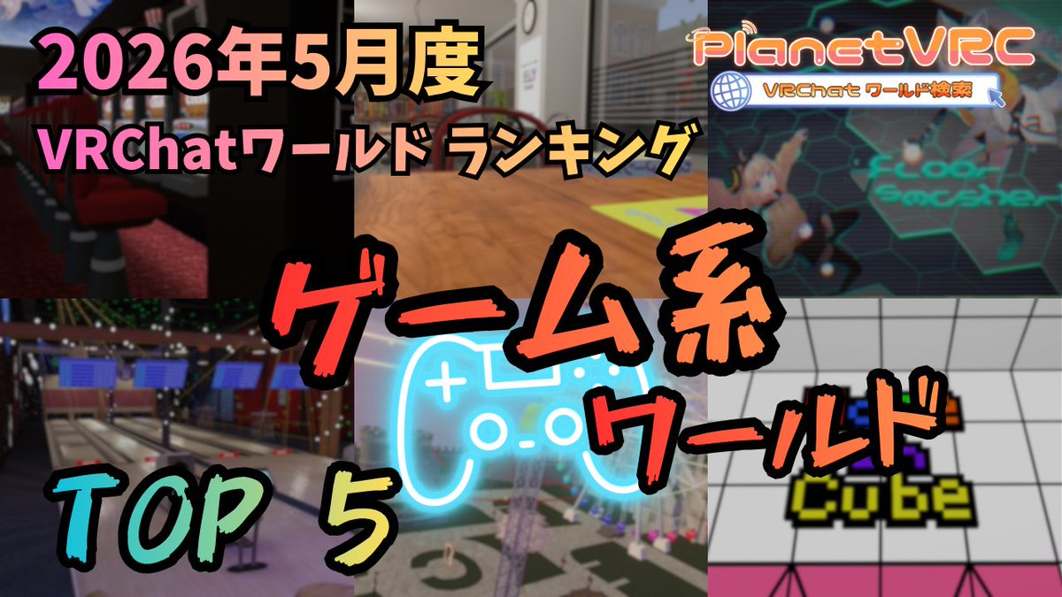 planetvrchat's tweet photo. 【2026年5月度人気ゲーム系ワールド🚀】
5月にPlanetVRCでアクセスが多かったゲーム系ワールドを紹介します。

🥇 1位｜友情アスレチック
指示役とプレイ役に分かれて遊ぶアスレワールド。2人の絆が試される！？
https://t.co/AQqhE8HL5B

🥈 2位｜A Game About Crates
放置、クッキークリッカー系のゲームワールド。木箱を破壊してアイテムを入手し、売却することでレベルアップをしていく。
https://t.co/ioEBE0R9Ix

🥉 3位｜個室DEカラオケ～自動遅延補正でVRCカラオケ！～
自動遅延補正ありの個室カラオケワールド。カラオケ店の再現度がたかく没入感を味わえる。
https://t.co/lF1TVp8mV2

🏅 4位｜Drum Hero v0․24․x
ドラムマニアのようなVRでドラムを演奏できる音ゲーワールド。
https://t.co/IH2rnpoTPv

🎖 5位｜B-BIT
空を飛び回りながらビームを撃ち合うPVPVEのFPSゲムワ。
https://t.co/TQSXGReXFR

※本ランキングは「ゲーム」カテゴリのワールドが対象です
https://t.co/CoNNALQQej
ワールド掲載申請はこちらから↓
https://t.co/eTvtqrmnmz
#VRChat_world紹介