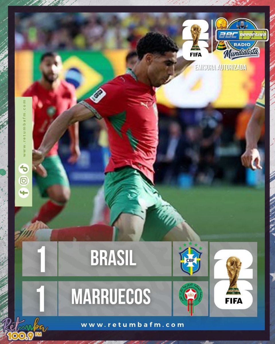 ABCDeportivoEc's tweet photo. FINAL DEL PARTIDO #Mundial2026

Vibrante empate entre brasileños y marroquíes

🇧🇷 Brasil 1-1 Marruecos 🇲🇦

Informa Retumba 100.9fm ABC Deportivo

#LaRadioDelMundial https://t.co/0xZ4oAumra
