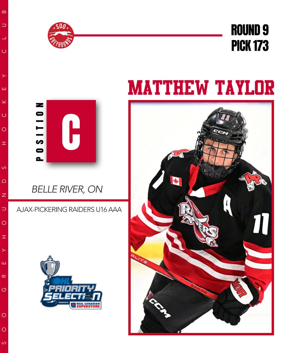 OHLHoundPower's tweet photo. With the 173rd pick in the 2026 OHL
Draft, the Soo Greyhounds are proud to select Matthew Taylor. Welcome to the Soo!

#OHLDraft #soogreyhounds https://t.co/ViIEuR7QI9
