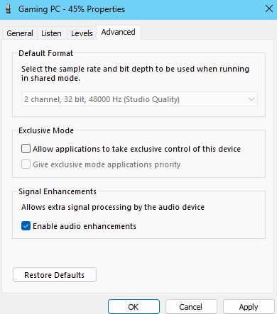NickEh30's tweet photo. STREAMERS: if your audio sounds bad recently, you can blame @Windows for the forced update which automatically re-enables "audio enhancements" for all your audio inputs.

I just realized this was turned on for my past 2 streams, ruining all my gameplay audio. Listen to how the audio just instantly cuts out after I shoot...