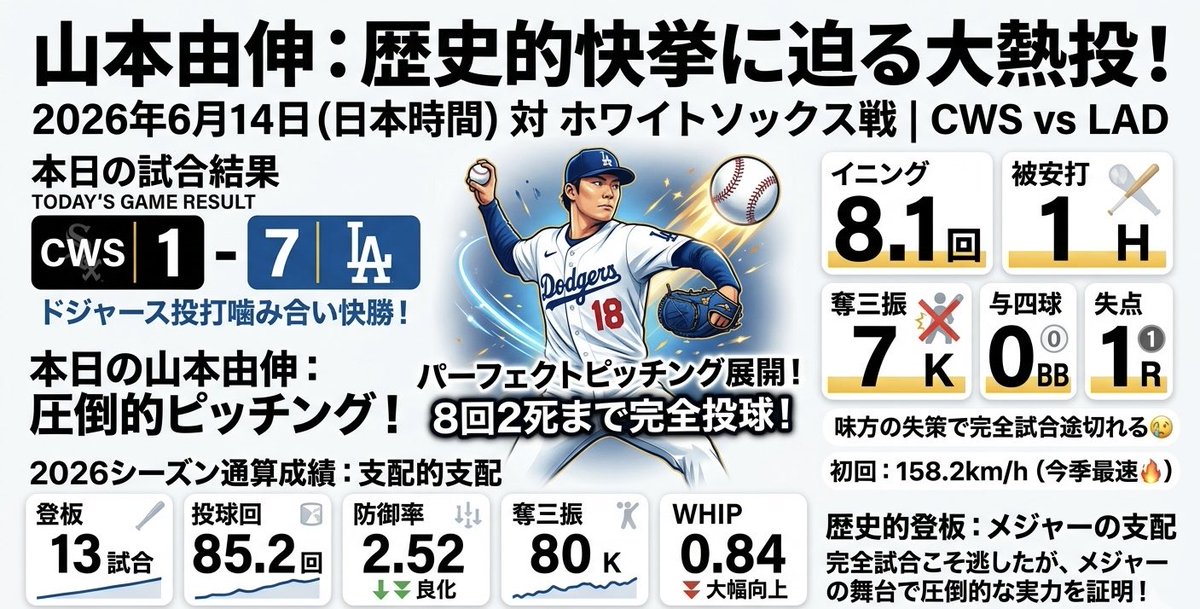 🌟 本日の山本由伸（歴史的快挙に迫る大熱投！） 8回1/3 被安打1 奪
