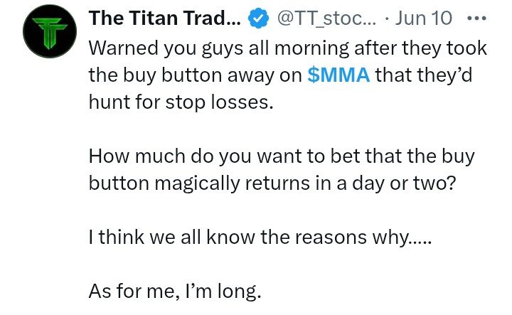 BigBlueSkyz's tweet photo. $MMA This Titan guy says he's long!! https://t.co/CW8JVbMgJJ