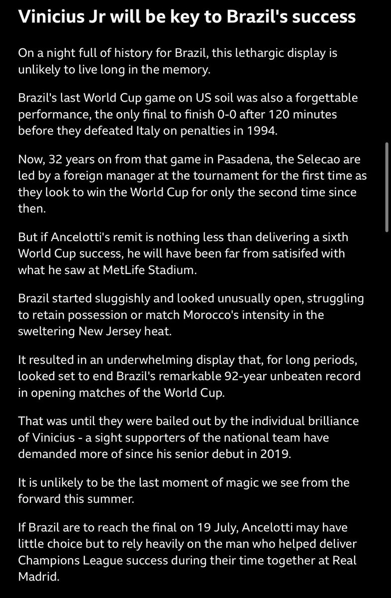 KeiferMacD's tweet photo. For long periods, Brazil looked second best. In the end, Vinicius Jr spared the Selecao’s blushes and preserved a 92-year World Cup record. They’ll need more – much more – if they are to win the World Cup on US soil again.

https://t.co/t2UUwTYw4V https://t.co/dnOdj9Bk45