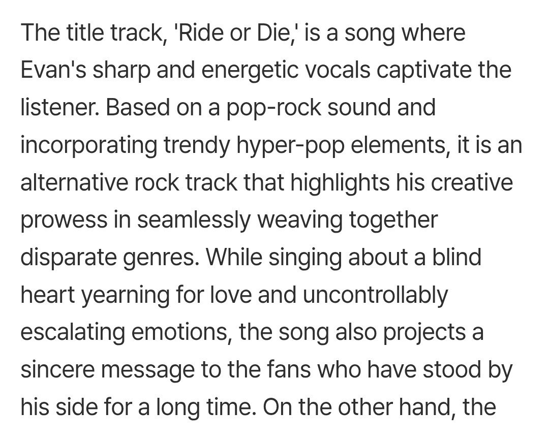 jakewon_stars's tweet photo. — "RIDE OR DIE" #EVAN

"El tema principal es una canción de rock alternativo con influencias pop-rock, fusionada con elementos hyperpop de moda. Habla de un 'anhelo ciego de amor' y de emociones que se han descontrolado. En el fondo, transmite un mensaje profundamente sincero [+] https://t.co/bJ2Kh8Fsn3