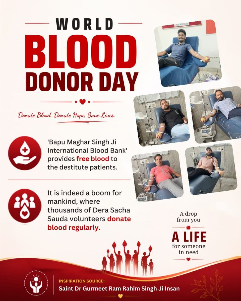 HarshivManisha's tweet photo. Blood is inevitable necessity for keeping oneself alive. On #WorldBloodDonorDay, we appreciate efforts of DSS volunteers, known as True Blood Pump, for saving millions of lives dying of blood, following the pious guidance of Saint Gurmeet Ram Rahim Ji.#WorldBloodDonorDay2026 https://t.co/e4QR2XM2vL