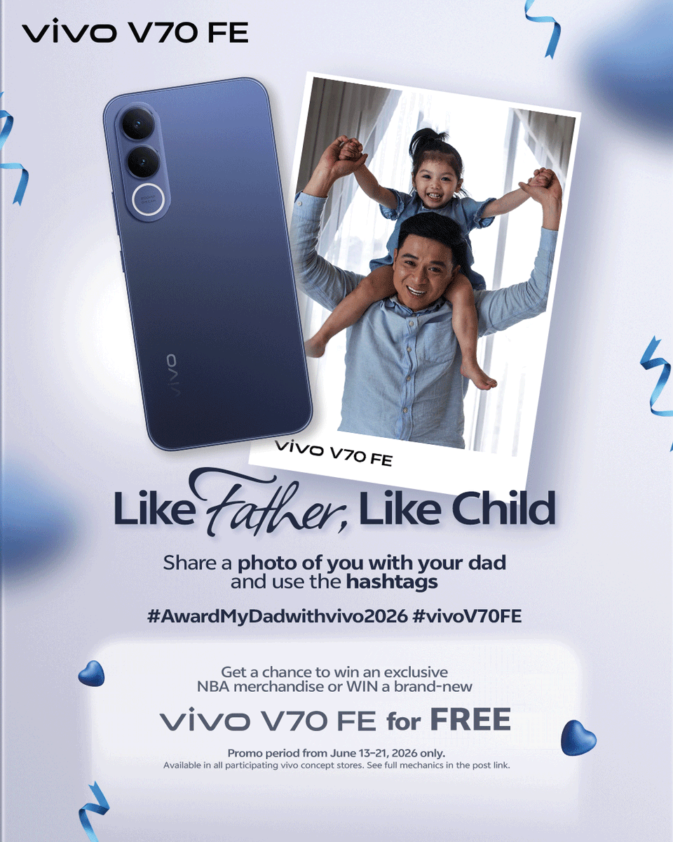 vivo_phil's tweet photo. WIN your dad a brand-new vivo V70 FE by showing the world why. 🏆

1. Share a photo of you with your dad
2. Tell us why he is your World's Greatest Father
3. Use the hashtags #AwardMyDadwithvivo2026 #vivoV70FE

One lucky dad takes home a brand-new vivo V70 FE, and 3 winners get exclusive NBA Signed Basketball! 🏀

#AwardMyDadwithvivo2026 #vivoV70FE