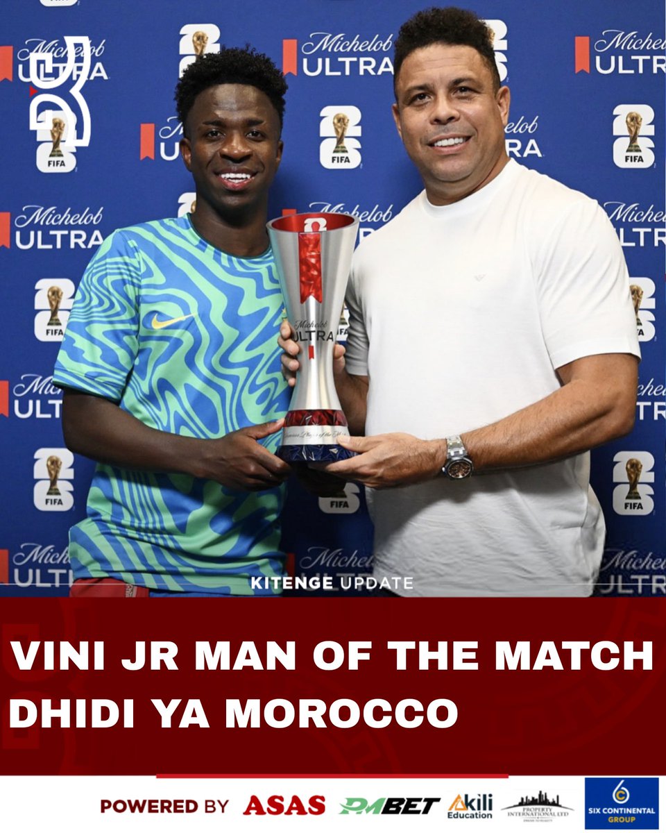 mshambuliaji's tweet photo. Winga wa Brazil, Vinicius Junior amechaguliwa kuwa nyota wa mchezo wa Kundi C wa kombe la Dunia la FIFA 2026 kati ya Brazil 'Samba Boys' dhidi ya Simba wa Atlas,  Morocco katika dimba la MetLife, New Jersey, Marekani.

FT: Brazil 🇧🇷 1-1 🇲🇦 Morocco
⚽ 32' Vinicius Junior
⚽ 21' Ismael Saibari

✍️ Nani alikuwa nyota wako wa mchezo?

#KitengeSports