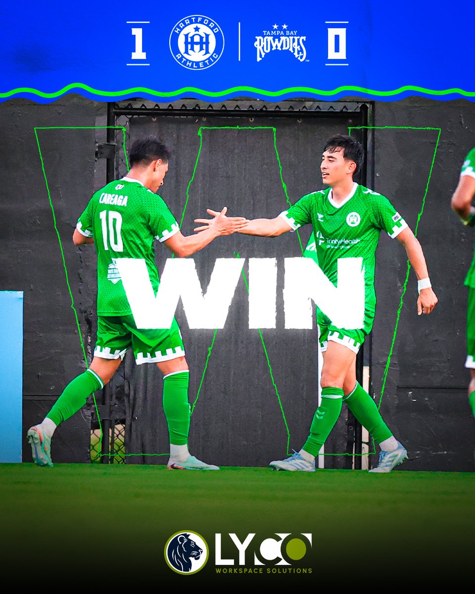 hfdathletic's tweet photo. UNDEFEATED NO MORE 😤 

A gritty effort leads the Boys in Green to a 1-0 win over Tampa Bay Rowdies, handing the @uslchampionship leaders their first loss of the season!

LET'S GO HARTFORD 🟢 🔵

Presented by @lycoinc

#PlayLoud #HFDvsTBR #USLChampionship https://t.co/pqfM7kdceg