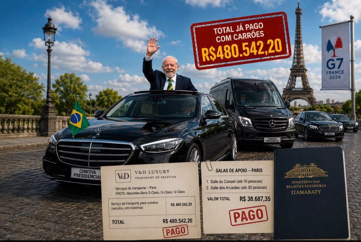 RafaelFontana's tweet photo. Lula está pagando R$ 480 mil em carros de luxo para se deslocar em Paris durante o G-7.

Luxo para petista.
Fome para o povo brasileiro. https://t.co/mpiWdzt7Z5