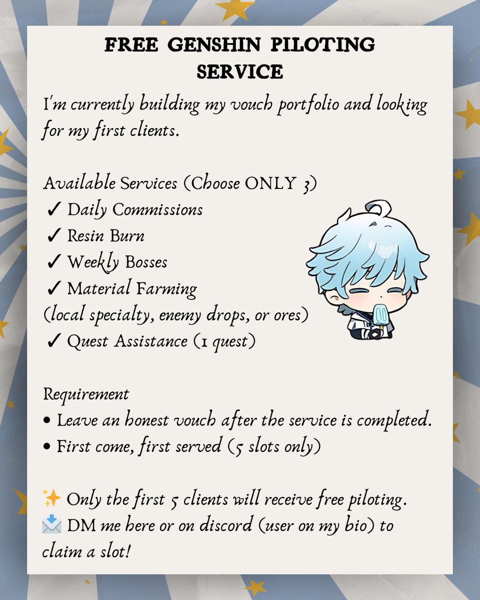 tobiipilots's tweet photo. FREE GENSHIN PILOTING (FIRST 5 ONLY)
Choose any 3: Daily Comms / Resin Burn / Weekly Bosses / Farming / 1 Quest Assist
💬 Vouch required
📩 DM to claim slot ✨
#genshin #pilotingservices #genshinimpact https://t.co/xePpdgk0ee