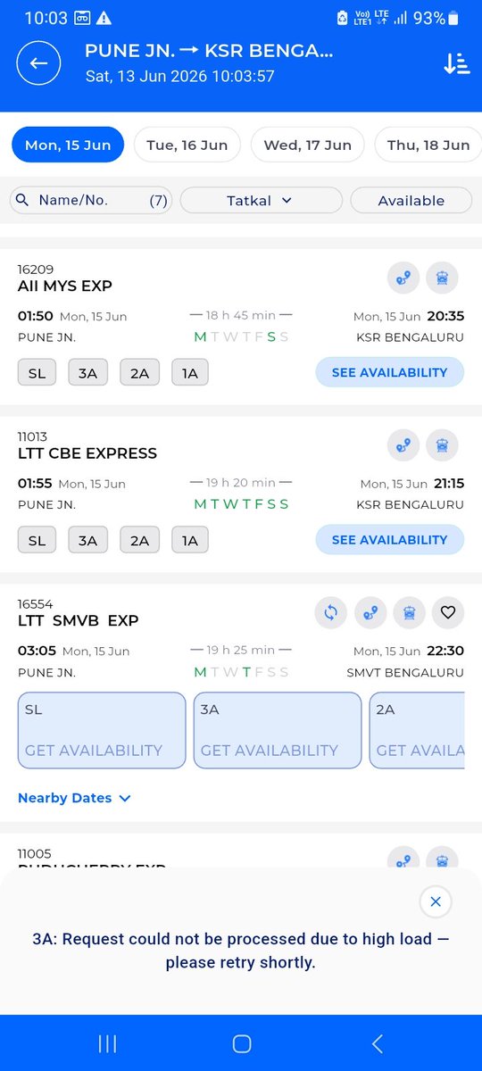 dkp1793's tweet photo. I try to book ticket from LTT to SBC for past 2 days, but the Railone app keeps show "Heavy Load" error.What kind of load is that railway cannot handle? And if there is indeed a heavy load, then who exactly is managing to book tickets? @RailwaySeva @RailMadad https://t.co/QHWykK31PV