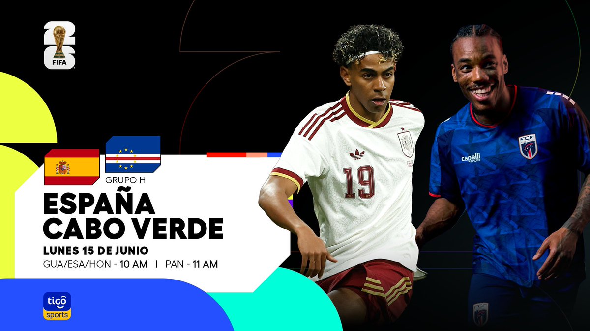 TigoSports_SV's tweet photo. ⚽🔥 ¡ARRANCA LA ACCIÓN EN EL GRUPO H! 🇪🇸🇨🇻

España busca comenzar con el pie derecho, pero Cabo Verde quiere dar la sorpresa en un duelo que promete intensidad de principio a fin. ¡No te pierdas este gran enfrentamiento del Mundial 2026!

📺 Lunes 15 de junio | 10:00 AM 

#Tigo26
