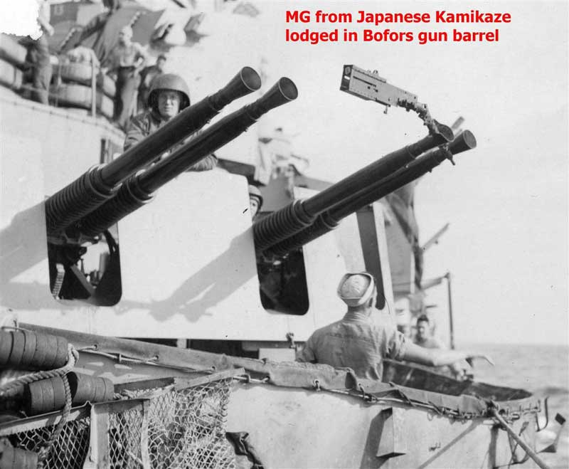HiddenHistoryYT's tweet photo. The Machine gun from the Kamikaze aircraft that crashed aboard the US Battleship Missouri.

It is lodged in one of her Quad 40 mm Bofor barrels. https://t.co/vzzuRDUvBe