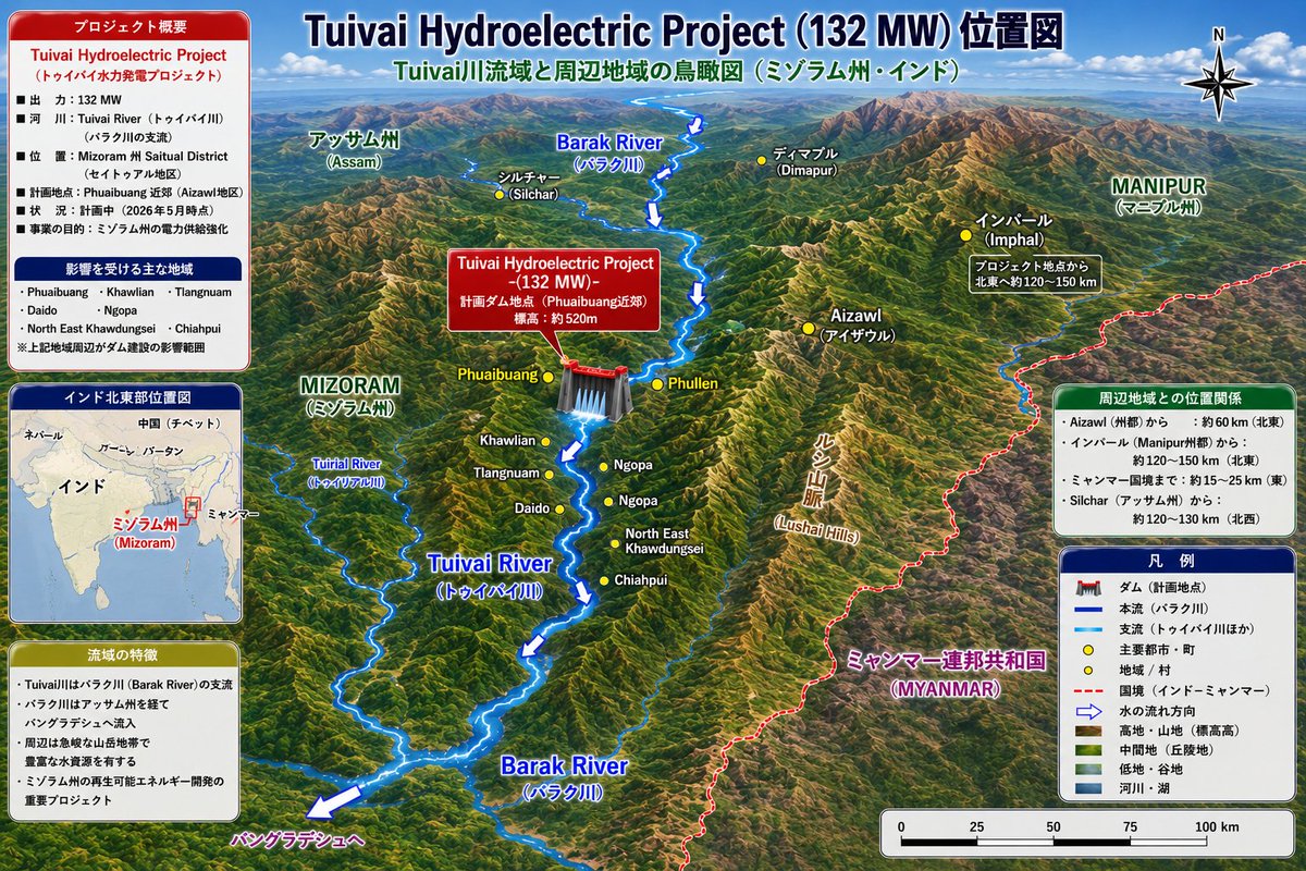 adachihayao's tweet photo. 【日刊 アジアのエネルギー最前線】インド南東部，ミゾラム州、インパールの南西，１３２ＭＷ，トゥイヴァイ水力建設へ事業の法人化を加速

（写真地図など末尾）

Tuivai水力発電計画（Tuivai Hydro Electric Project），１３２ＭＷは、インドのミゾラム州で計画されている，ミゾラム州内のTuivai川に建設予定の水力発電所計画です。2026年の情報によると、このプロジェクトの事業アドバイザーの選定が進められており、官民連携（Public Private Partnership, PPP）での開発が想定されています。ダム位置はインド北東部 ミゾラム州 アザウル地区（トゥイヴァイ川流域）です。ミャンマーの南西部と近接している。

◆260614 Mizoram Fast-Tracks Tuivai Hydropower and P&E Corporatisation in Big Push for Energy ...The Sentinel https://t.co/IDhn7zOpk4
Government bets on PPP hydropower and P&E corporatisation to modernise grid, meet rising demand and move toward long-term energy self-reliance.

（記事概要）

ミゾラム州政府は、電力自給率向上を目指し、長年停滞していた Tuivai Hydroelectric Project（132MW） の推進と、電力・エネルギー局（Power and Electricity Department：P&E）の企業化改革を加速する方針を決定した。

この方針は、州電力大臣 F. Rodingliana 氏が主宰した高官会議で確認されたもので、州首相 Lalduhoma 氏とインド中央政府の電力大臣 Manohar Lal Khattar 氏との協議を受けた具体策である。

現在のミゾラム州は深刻な電力不足に直面している。最大需要は182MWで、2030年には213MWまで増加すると予測されているが、州内発電は総需要のわずか約10％しか賄えていない。そのため州政府は毎年約64.95億ルピー（649.54 croreルピー）を費やして州外から電力を購入している。

Tuivai Hydroelectric Projectは、出力：132MW，位置：ミゾラム州Saitual地区（マニプール州境付近），総事業費：約228.95億ルピー（2,289.50 croreルピー），完成目標：約5年，事業方式：PPP（官民連携）として計画されている。

この計画はもともと1992年に中央水資源委員会（Central Water Commission）が210MW規模で調査を開始したが、その後マニプール州との州境問題などを考慮し、132MWへ縮小・再設計された経緯がある。現在は詳細設計報告書（DPR）が完成しており、州政府は入札手続きを開始するための予算を直ちに確保する準備を進めている。

一方、電力供給体制の改革として、P&E局の分割・企業化も推進される。P&E局のNgursailova Sailo技師長によれば、現在の組織を，発電会社，送電会社，配電会社，の3つの州有企業に再編する作業が進められている。職員側も、住民サービスや雇用条件が守られることを前提に、この改革を概ね支持しているという。

さらに州政府は、Tuirini Hydroelectric Project，中央政府のRDSS（Revamped Distribution Sector Scheme），による送配電網整備の進捗も確認しており、州全体の電力インフラ近代化を進める方針である。

総じて今回の政策は、Tuivai水力発電所建設による州内発電能力拡大，電力会社の企業化による経営効率化，送配電網の近代化，州外電力購入依存の低減を柱とするものであり、ミゾラム州が長期的なエネルギー自立を目指す重要な取り組みとして位置付けられている。特にTuivaiプロジェクトは、現在の州内最大級の新規水力開発案件として期待されている。

◆ その他エネルギー関連ニュース

北陸電力が志賀原発の津波想定を引き上げ 能登半島地震を受け 
NHKニュース - NHK ONE https://t.co/GPhQQ6mGeS
【NHK】北陸電力は、おととしの能登半島地震などを受け、石川県にある志賀原子力発電所で想定される津波の高さを引き上げたことを明らかにしました。

【速報】ＪＥＲＡ、豪バロッサから初ＬＮＧ到着 安定調達に貢献 
ガスエネルギー新聞 https://t.co/jIU42qn86Y
豪州北部準州沖合のバロッサ・カルディターガス田から産出される天然ガスを、ダーウィンLNG液化基地で液化してLNGを生産。年間生産能力は約340万㌧で、同社は権益 .

日高沖、一部の地層で天然ガス確認 石油資源開発が試掘終了 
北海道新聞デジタル https://t.co/e0sTJ5g5OS
石油資源開発（東京）は12日、日高沖の海底で3月24日から実施してきた天然ガスの試掘を今月10日に終了したと発表した。一部の地層で天然ガスを確認した ...

再エネ開発を止めるな 東京電力HD小林喜光会長「日本の礎に」
日本経済新聞 https://t.co/kgmix3YpnT
再生可能エネルギーにインフレの逆風が吹き、中東情勢の緊迫でエネルギー調達が混乱する。経済活動を支えるエネルギー基盤をどう整えるべきか。

乾式貯蔵設置の是非、福井県が判断へ「適切に対応」 関電の報告に
朝日新聞 https://t.co/XUT48qpUYe
関西電力が3原発の敷地内で計画する乾式貯蔵施設について、福井県が設置の是非を判断する局面に入る。県が判断の前提だと述べてきた、使用済み核燃料の再 ...

使用済み核燃料の搬出計画に変更なし 六ケ所再処理工場の説明完了 関西電力 ... - 日テレNEWS NNN https://t.co/LB8DYDKYoy
青森県六ケ所の再処理工場をめぐり、原子力規制委員会で安全対策についての説明が終わったことを受けて、関西電力は12日に県と面談し、使用済み核 ...

関電が再処理工場状況報告 | カナロコ by 神奈川新聞
カナロコ https://t.co/YK1DzFMV9x
関西電力の高畠勇人原子力事業本部長代理は１２日、福井県庁を訪れ、日本原燃が使用済み核燃料再処理工場（青森県）の設計・工事計画について原子力規制委員会へ ..

データセンター建設に足りないのは「発電」ではなく「送電」 AI需要で電力消費26％増   Yahoo!ニュース  https://t.co/gznPvoW6gr
国内データセンター建設を妨げているのは発電能力不足ではなく、送電設備の整備不足――米Gartnerが6月10日（現地時間）に発表したデータセンターの電力消費 ...

2025—日本が抱えているエネルギー問題（前編）
資源エネルギー庁 - 経済産業省 https://t.co/ye1QFJ5fcB
化石燃料の輸入は、国際情勢などの影響を受けやすく、どの国や地域から調達するかは重要な問題です。原油は中東地域に約95.1％依存しています。LNGや石炭は、 ...

米の発電史、始まりはエジソンの石炭火力 ｢AI特需｣で小型原発に期待 
日本経済新聞 https://t.co/i0u11S9V70
【ヒューストン=大平祐嗣】トランプ米政権が日本の5500億ドル（約88兆円）の対米投資枠を使って原子力発電所を新増設する。米国のエネルギー史をひもとくと、 ..

“AIが電力使いすぎ問題” 「電力不足」懸念で、発電能力より深いボトルネックとは - ITmedia https://t.co/t7w61q4qiR
ガートナージャパンが「電力供給の遅れがデータセンター建設に影響を与えている」と指摘した。しかし、ボトルネックは発電能力ではないという。

NYダウ929ドル高 米がイラン攻撃中止表明、原油一時2カ月ぶり安値 
日本経済新聞 https://t.co/CSPDrLKpe4
エネルギー業種の下げが目立ったほか、前日まで資金シフトが起きていたディフェンシブ銘柄の筆頭である生活必需品関連には売りが出た。 米原油先物市場では ...

【気候変動番組】100年天気予報~なぜ梅雨は蒸し暑い？データで見る梅雨の熱帯化~ - YouTube https://t.co/ND2h02QRcN
第50回のテーマ「なぜ梅雨は蒸し暑い？データで見る梅雨の熱帯化」 昔の梅雨はもっと長袖を羽織るような肌寒い日が多くありませんでしたか？

NY商品、原油反落 米国のイラン攻撃中止受け 金は続落 
日本経済新聞 https://t.co/IUQJ6gXqL2
【NQNニューヨーク=戸部実華】11日のニューヨーク・マーカンタイル取引所（NYMEX）で原油先物相場は反落した。WTI（ウエスト・テキサス・インターミディエート） ...

ミゾラム州、エネルギー推進の一環としてトゥイヴァイ水力発電所建設と電力・エネルギー事業の法人化を加速
Mizoram Fast-Tracks Tuivai Hydropower and P&E Corporatisation in Big Push for Energy ...The Sentinel https://t.co/IDhn7zOpk4
Government bets on PPP hydropower and P&E corporatisation to modernise grid, meet rising demand and move toward long-term energy self-reliance.

グロス貯水池ダムのかさ上げ工事が主要な建設マイルストーンを達成
Gross Reservoir dam raise hits major construction milestone 
International Water Power & Dam Construction https://t.co/vo7ygB2ucf
ANEEL approves transfer of Santo Antônio do Jari hydropower concession to Engie Brasil · News · Litostroj selected as general contractor for Orlík ...

JSWエナジー社、ヒマーチャル・プラデーシュ州で150MWのティドン水力発電所を稼働開始
JSW Energy commissions 150 MW Tidong hydropower project in Himachal Pradesh   Economic Times Energy https://t.co/cn0u1YM0lu
JSW Energy has successfully commissioned its 150 MW Tidong hydropower project in Himachal Pradesh, strengthening its renewable energy portfolio ...

スイス、キルギスタンとの新たなパートナーシッププログラムを最終決定、水力発電への投資を検討
Switzerland finalizes new partnership program for Kyrgyzstan and eyes hydropower investments https://t.co/7Djlpy1ooA

ベトナムのヌオックチェ水力発電所が商業運転を開始
Nuoc Che hydropower project enters commercial operation in Vietnam
International Water Power & Dam Construction https://t.co/E0jvetqW1S
FLOVEL has commissioned and handed over the two generating units at the 30MW Nuoc Che Hydropower Project in Vietnam.