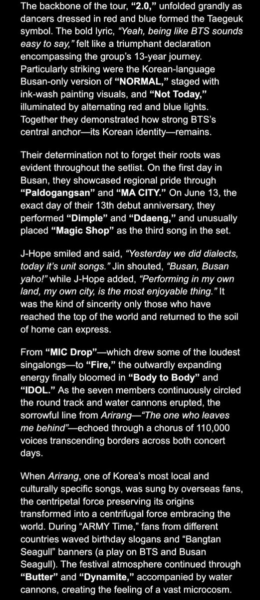 orul8ce's tweet photo. Bighits press release 💜🔥and What a beautiful analogy for a physics geeks like me🫠🫠🫠💜
A pleasant sea breeze carried the heartbeat of 110,000 people, creating a massive vibration. The 360-degree stadium became both a giant black hole, drawing in 55,000 purple ARMY Bombs, and a radiant source of energy shining out to the world. The imagery of centripetal force 💜pulling everything toward the center and centrifugal force 💜expanding endlessly outward perfectly captured BTS deeply rooted in their identity while continuing to reach every corner of the globe💜✨

https://t.co/2VSAmka5sl